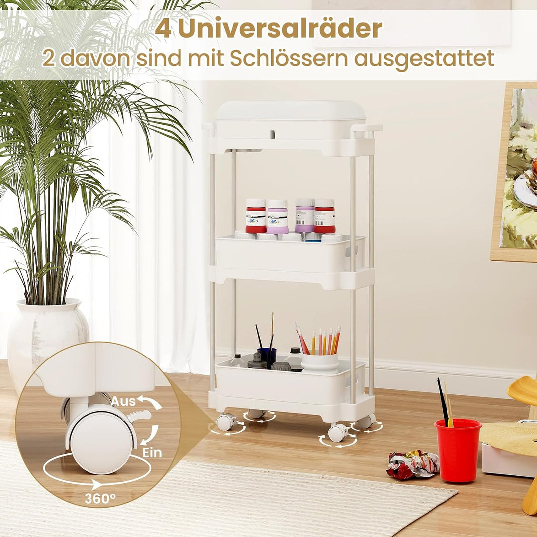 GOPLUS 3-stöckiger Servierwagen mit Rollen, Küchenwagen mit Abdeckung & abnehmbaren Regalen, Rollwag