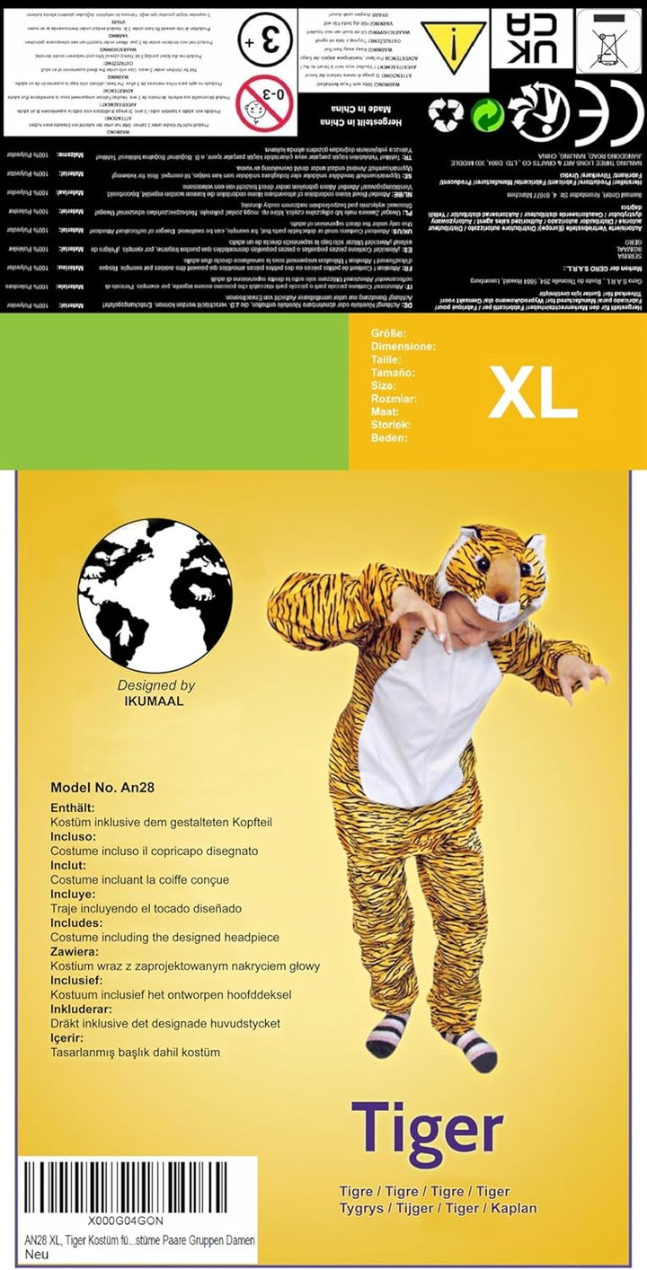 Tiger-Kostüm, An28 XL, für Erwachsen-e Männer Frau-en, Wild-Katze Katzen Kostüm-e Fasching Karneval
