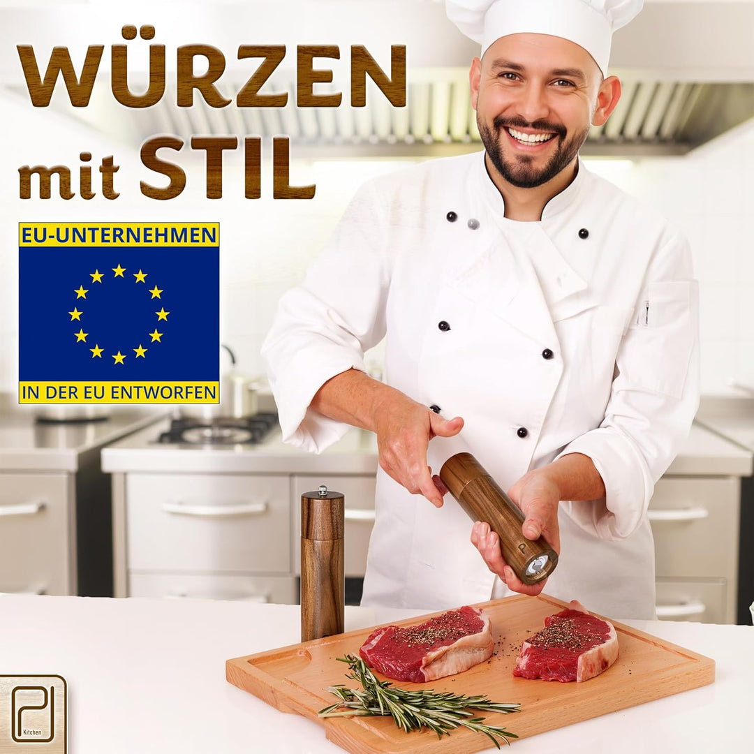 Grosses Salz- und Pfeffermühlenset - 28 g, Mühlen aus Akazienholz - Nachfüllbare manuelle Grobkorn-S