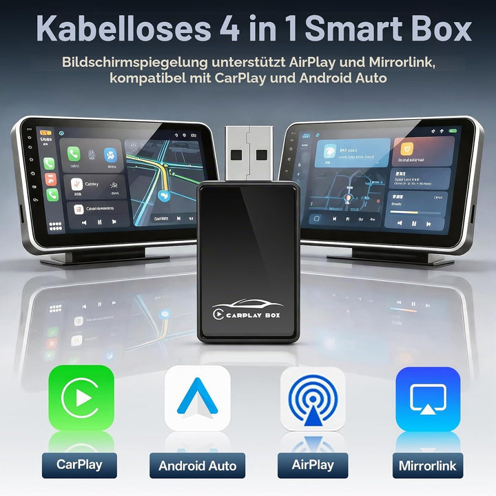 4in1 Wireless CarPlay Adapter – Kabelgebunden zu Kabellos für CarPlay &amp; Android Auto mit Mirror Link