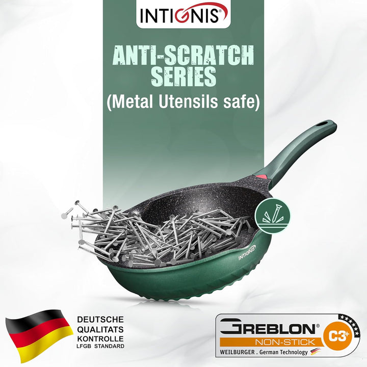 INTIGNIS Premium-Bratpfanne mit Deckel, Kratzfest, 30 cm, Extra Tief, Kompatibel mit allen Herdarten