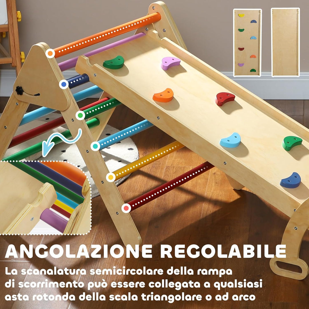 AIYAPLAY 5-in-1 Montessori Klettergerüst Indoor Holz Kletterdreieck mit Kletterbogen, Rutsche Indoor