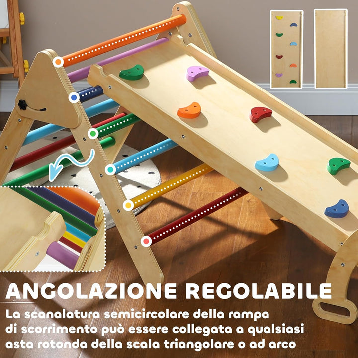 AIYAPLAY 5-in-1 Montessori Klettergerüst Indoor Holz Kletterdreieck mit Kletterbogen, Rutsche Indoor