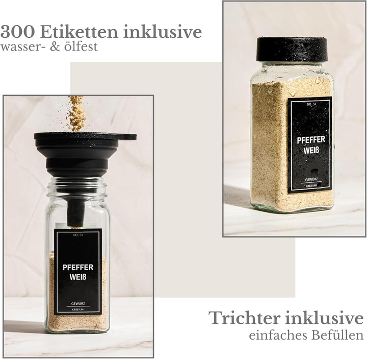 Greeano Gewürzgläser Set [24 x 120ml] mit 300 Gewürzetiketten [DE] - Gewürzgläser eckig mit Streuein