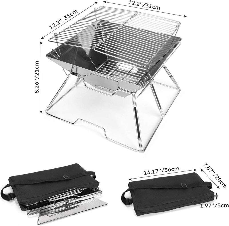 Odoland BBQ Feuerstelle Tragbare Lagerfeuerstelle Faltbarer Campinggrill 304 Edelstahl Grill für Cam