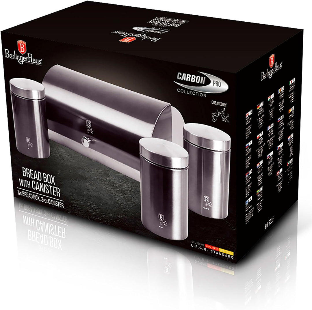 Berlinger Haus Carbon Pro Brotkasten Set + 3er Set Küche Vorratsdosen Edelstahl, Behälter für Brot u