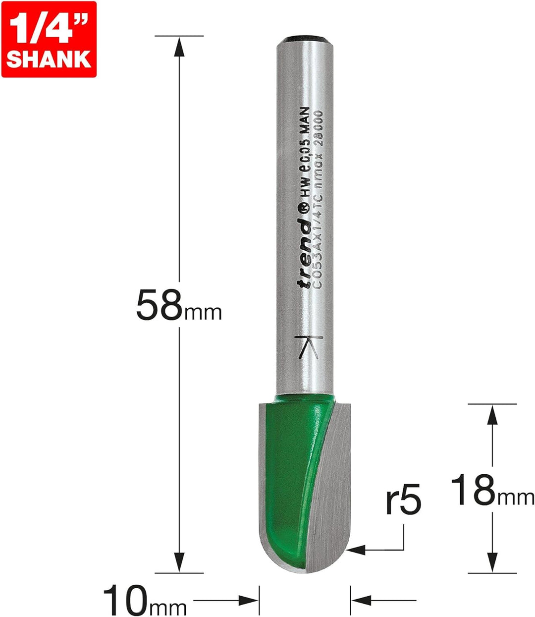 Trend CraftPro C053AX1/4TC Cavetto-Fräser-Bit, 1/4-Zoll-Schaft, 5 mm Radius und 18 mm Schnittdurchme