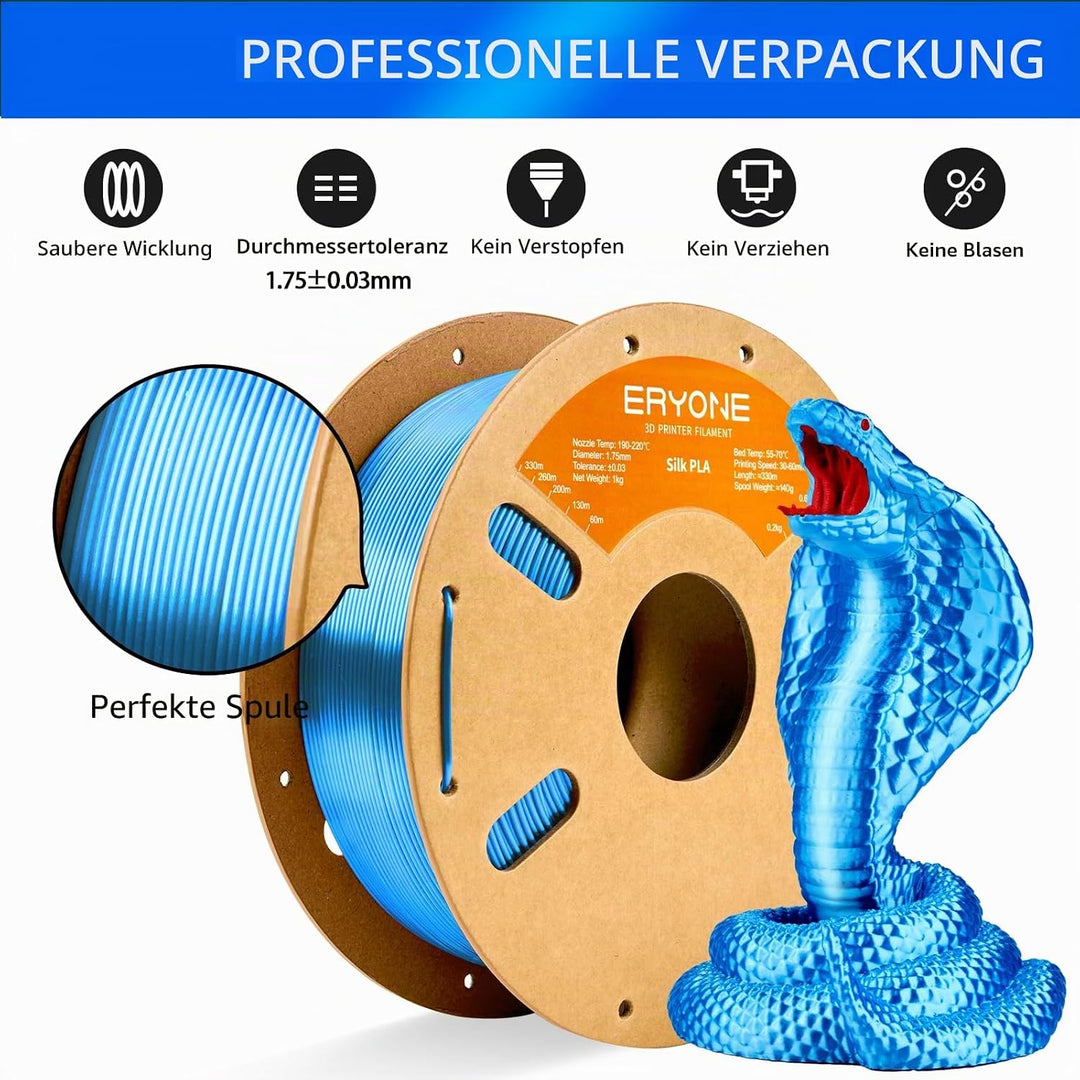 ERYONE Silk PLA Filament 1.75 mm, 3D-Drucker Filament PLA, 0,03 mm, 1 kg/Spule, Silk Blau