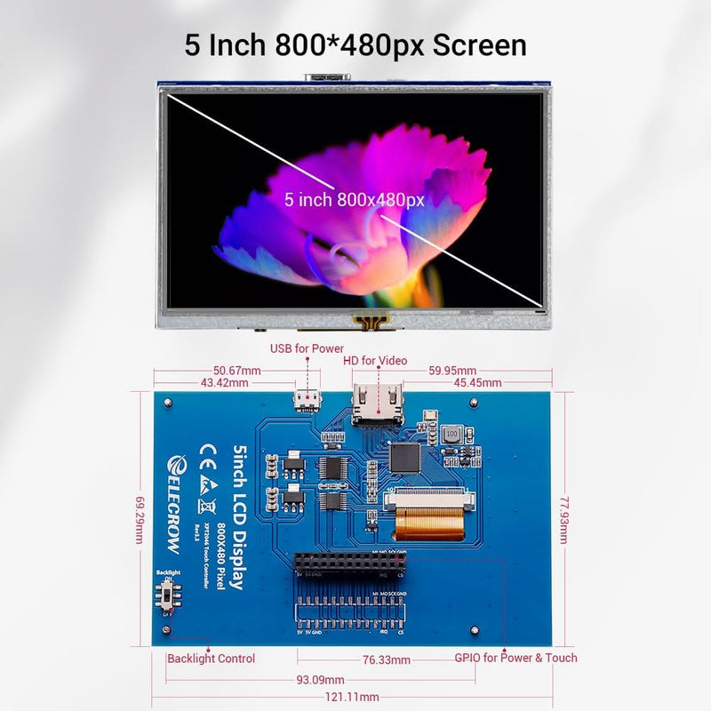 ELECROW Für Raspberry Pi Display, 5-Zoll Touchscreen Monitor Auflösung 800x480 TFT LCD Mini Monitor