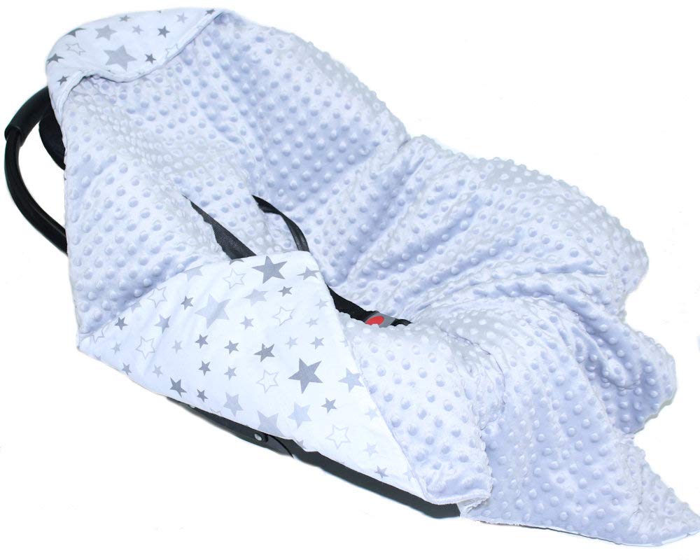 Baby Einschlagdecke MINKY - STAR - mit Kapuze 90x90 cm Babyschale Decke (Star HELL + GRAU), Star Hel