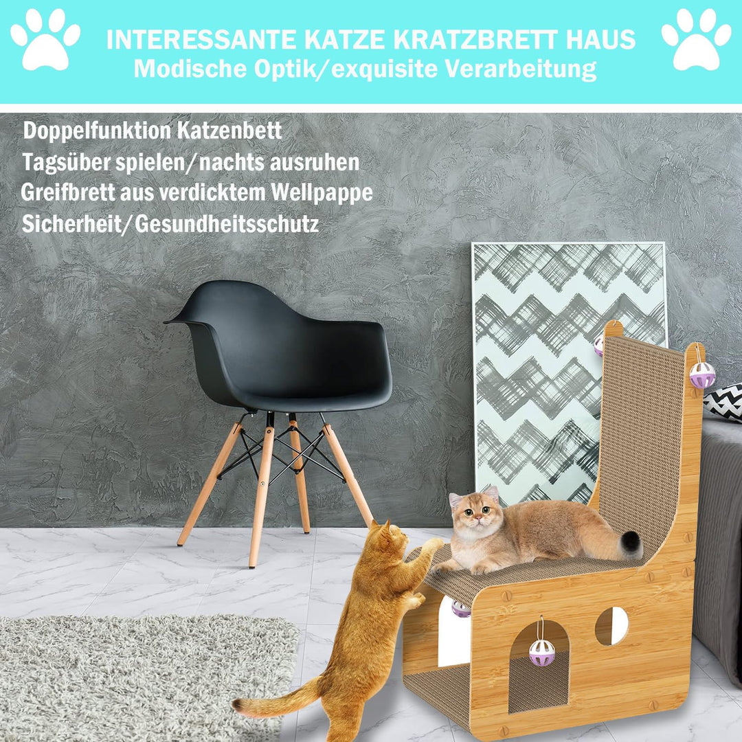Kratzbrett Katzen, Doppeldecker Katzenbett mit L-förmigem Kratzbrett – Verschleissfeste Kratzpappe m