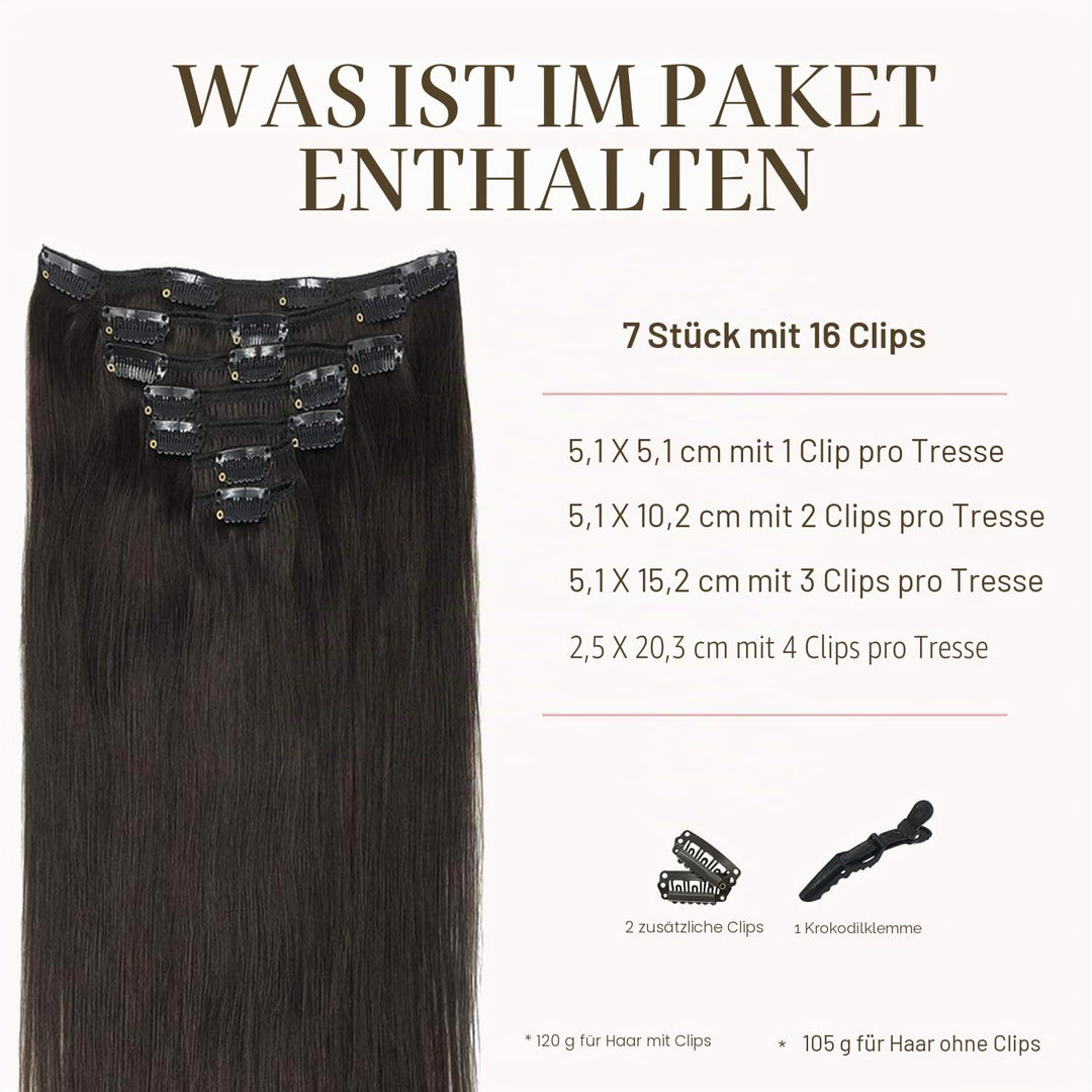 GOO GOO Clip in Echthaarverlängerungen 7 Stücke 120g 45cm 18 Zoll Dunkel Braun natürliche Remy Echth