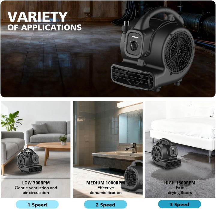 XPower Mighty Centrifugal Air Mover, Carpet Dryer, Floor Fan, Blower, Stackable, Daisy Chain, for Wa