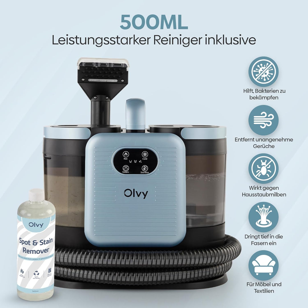 Olvy Teppichreiniger PRO – Nasssauger Polsterreiniger mit Dampf – 100°C Steam Cleaner – Sofa Reinige