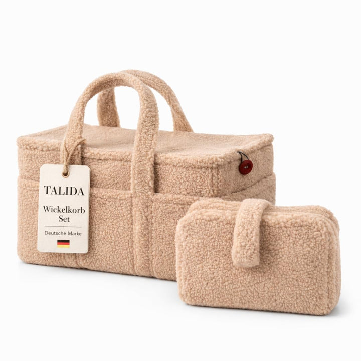 TALIDA Wickelkorb Teddy Set - Wickelorganizer mit Zubehörtasche – Aufbewahrungskorb für Feuchttücher