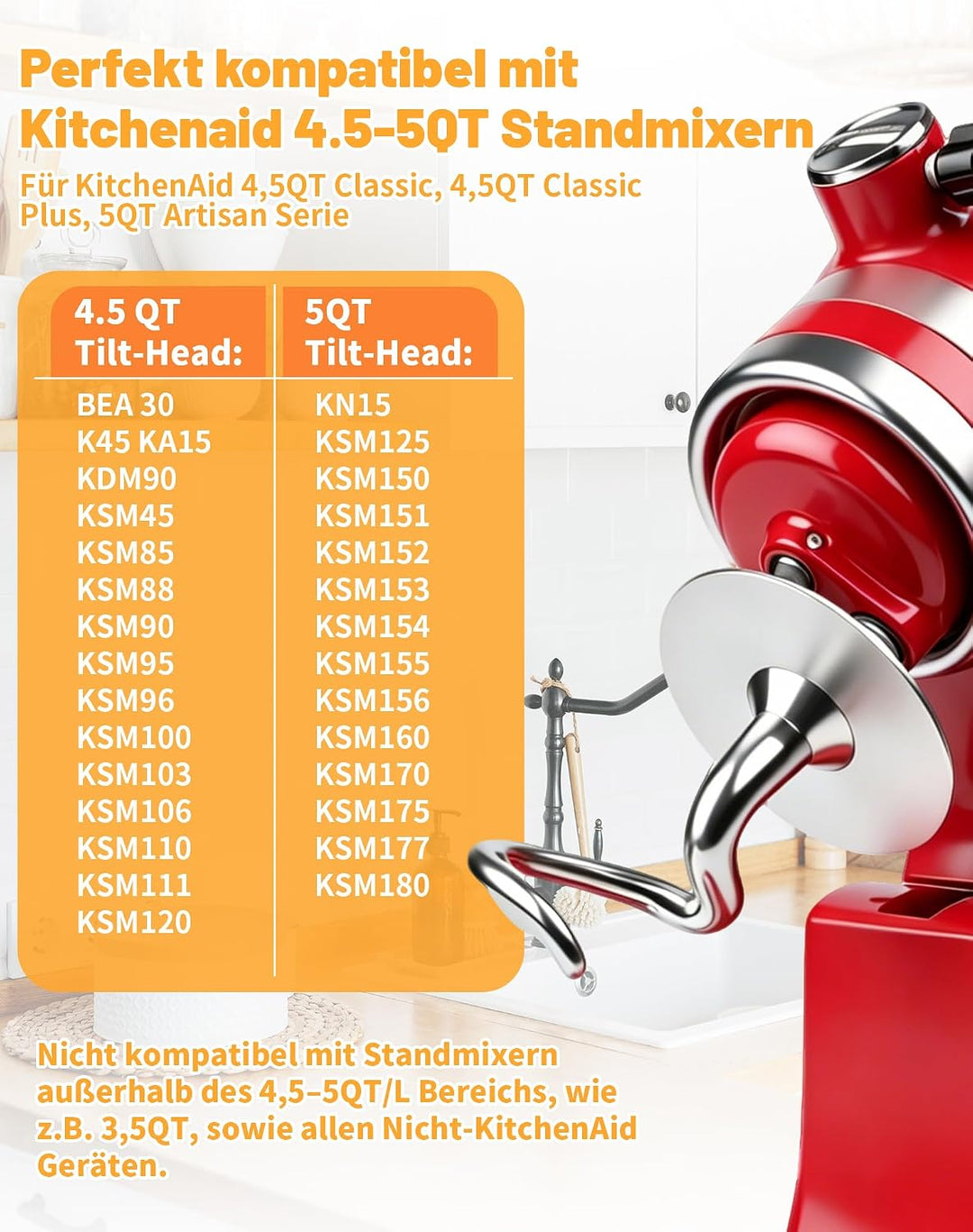 Spiral Knethaken Edelstahl für KitchenAid 4,5–5QT, K45DH Knethaken mit Schutzkappe für KitchenAid 4.