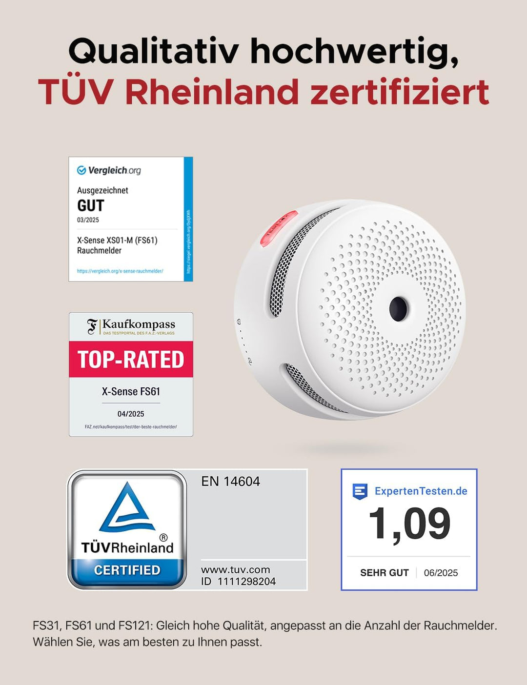 X-Sense Smart Rauchmelder XS01-M, WLAN-Rauchmelder, kompatibel mit FS31/FS61/FS121, SBS50 Basisstati