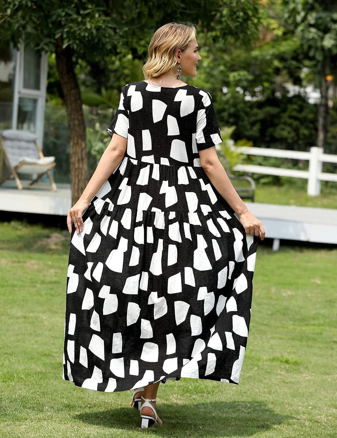 YESNO Damen Kleider Freizeit Lose Sommerkleid Lang Boho Maxikleid für Rundhals Strandkleid Blumenkle