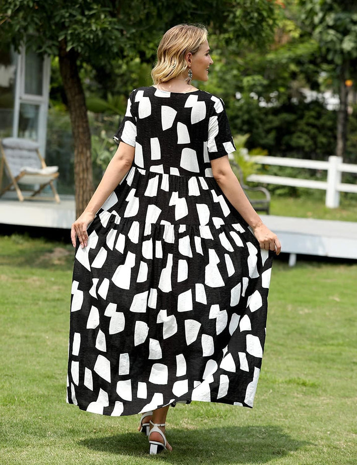 YESNO Damen Kleider Freizeit Lose Sommerkleid Lang Boho Maxikleid für Rundhals Strandkleid Blumenkle