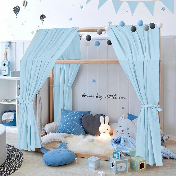 Alishomtll Hausbett Himmel Deko Set, 2 Betthimmel Hausbett aus 100% Baumwolle Musselin, 1 Wimpelkett