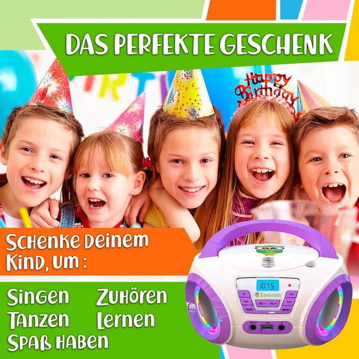 TinyGeeks Tunes Kids Boombox CD-Player für Kinder NEU + UKW-Radio + Inklusive Batterien + Lila Radio