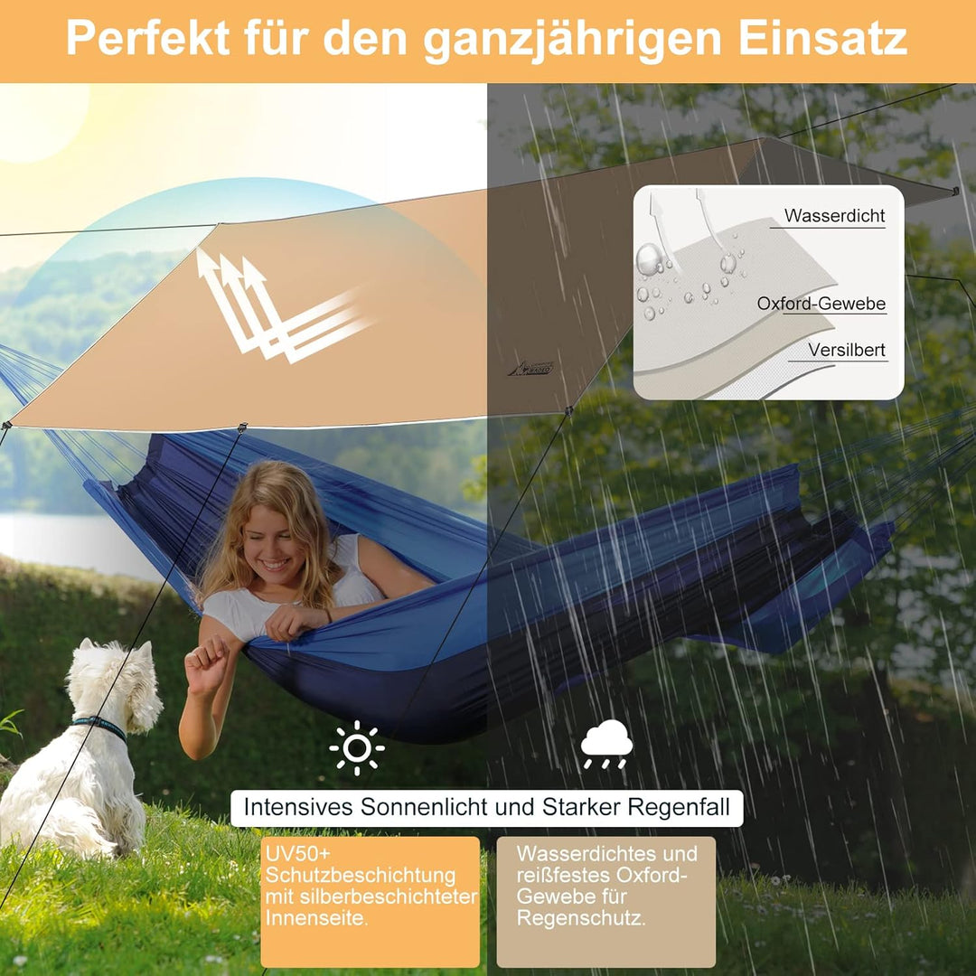 WADEO Camping Zeltplane wasserdicht 4 x 3 m, Plane Regenfliege mit Stangen Heringen Zeltspannleinen,