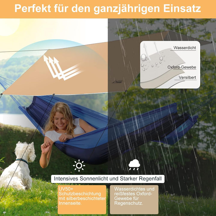 WADEO Camping Zeltplane wasserdicht 4 x 3 m, Plane Regenfliege mit Stangen Heringen Zeltspannleinen,