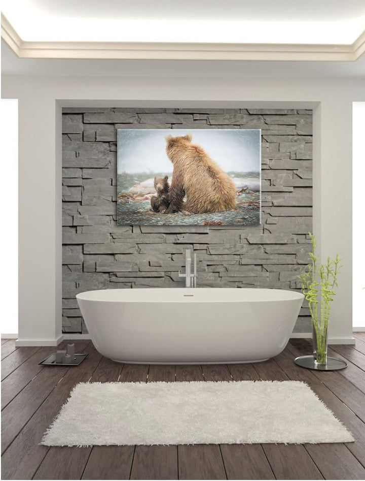 Pixxprint Bär mit Baby nach dem Baden Kunst Buntstift Effekt, Format: 100x70 auf Leinwand, XXL riesi