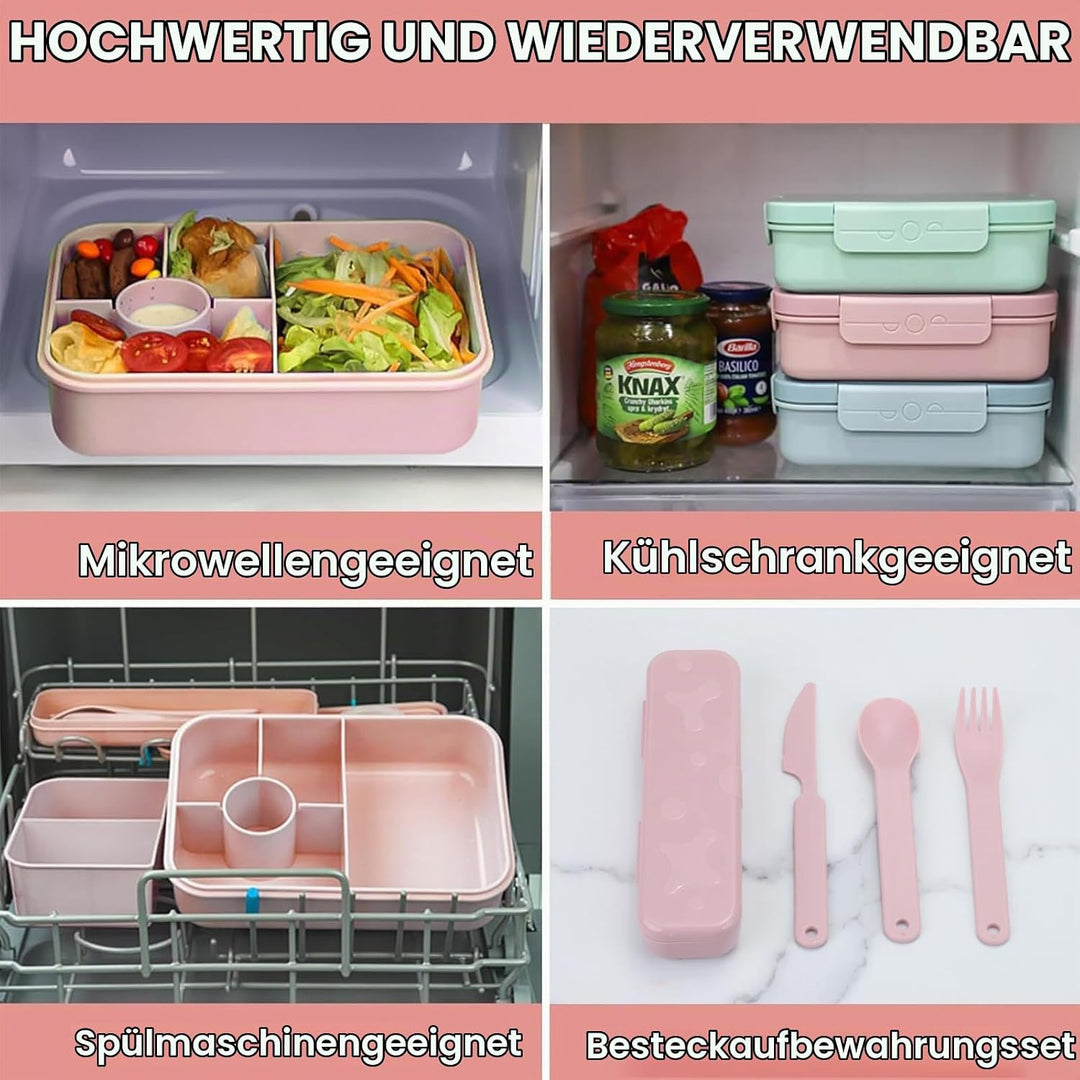 Bugucat Lunchbox Kinder 1300ML 2Set, Brotdose Kinder mit 5 Fächern Bento Box Brotdosen mit Besteckse