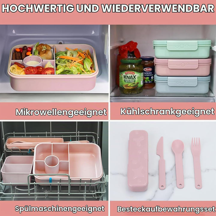 Bugucat Lunchbox Kinder 1300ML 2Set, Brotdose Kinder mit 5 Fächern Bento Box Brotdosen mit Besteckse