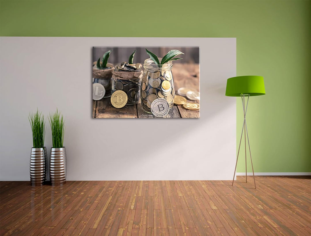 Pixxprint Bitcoins BTC im Glas als Leinwandbild | Grösse: 120x80 cm | Wandbild | Kunstdruck | fertig