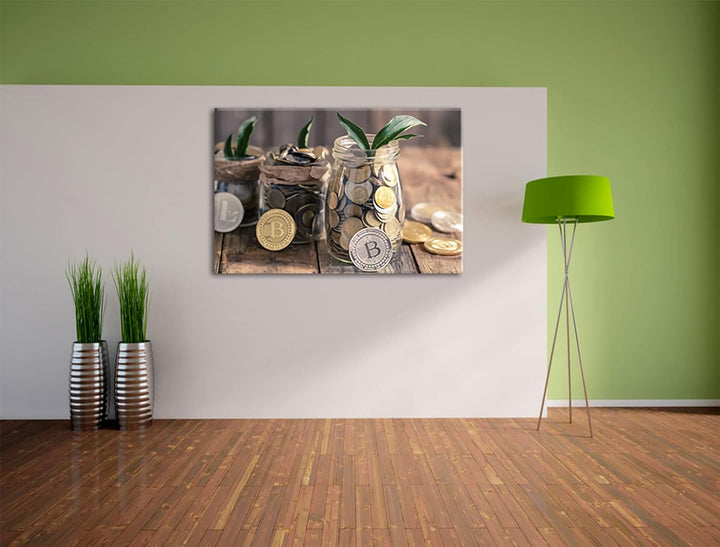 Pixxprint Bitcoins BTC im Glas als Leinwandbild | Grösse: 120x80 cm | Wandbild | Kunstdruck | fertig