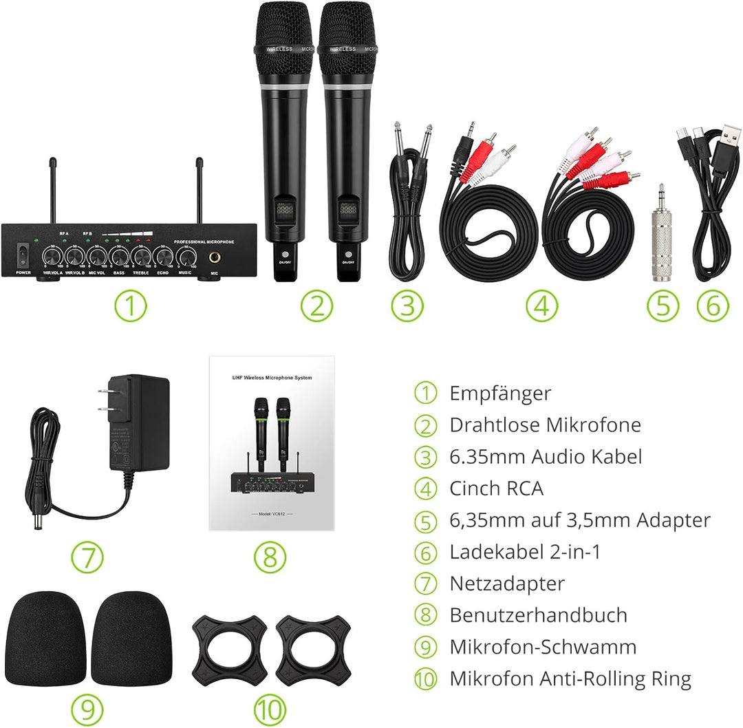 LiNKFOR Drahtloses Mikrofon UHF-Wiederaufladbares Bluetooth 5.0 Dual Handheld Metall Mikrofonsystem