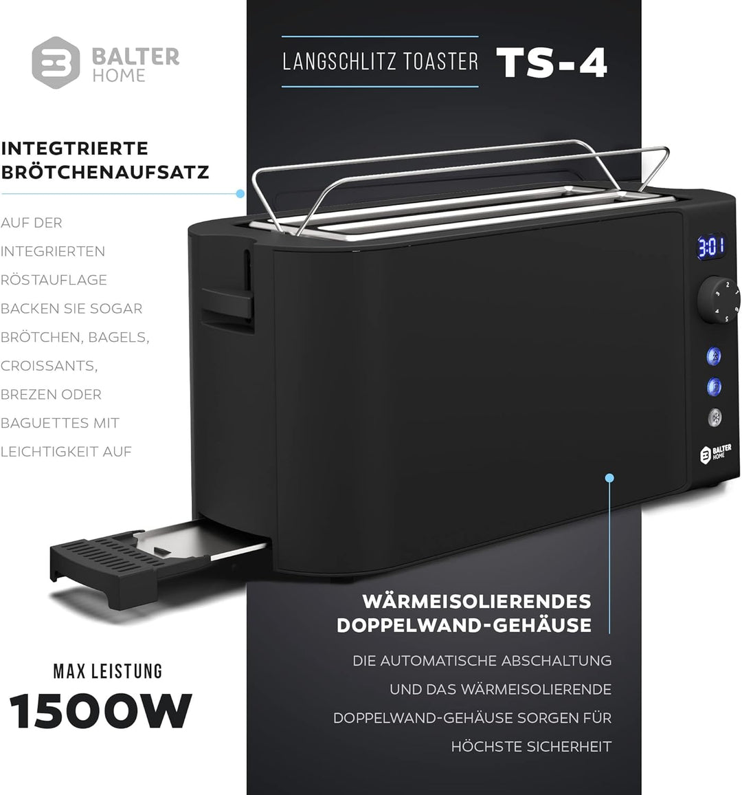 Balter Toaster 4 Scheiben, Langschlitz, Edelstahl, Brötchenaufsatz, LCD Display mit Restzeitanzeige,