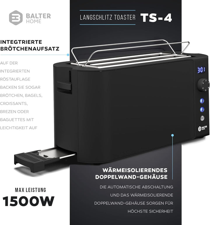 Balter Toaster 4 Scheiben, Langschlitz, Edelstahl, Brötchenaufsatz, LCD Display mit Restzeitanzeige,