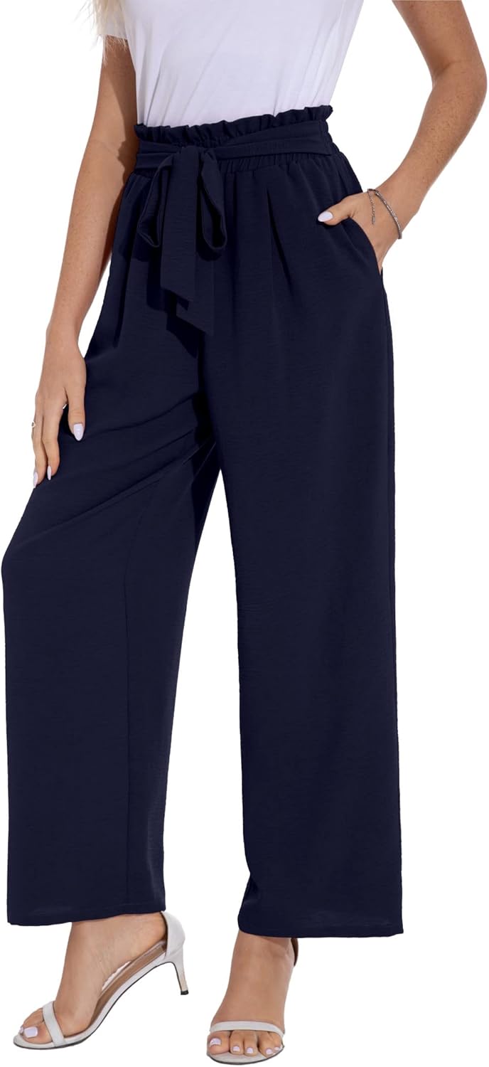 PrinStory Damen Hose Mit Weitem Bein Leichte Elastische Taille Sommer Hose Mit Taschen Kausale Arbei