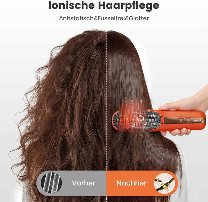 Glättbürste Kabellos 2026 Neu, DOCOCO 3 in 1 Haarglätter Bürste mit 300 Millionen Negative Ionen, Tr