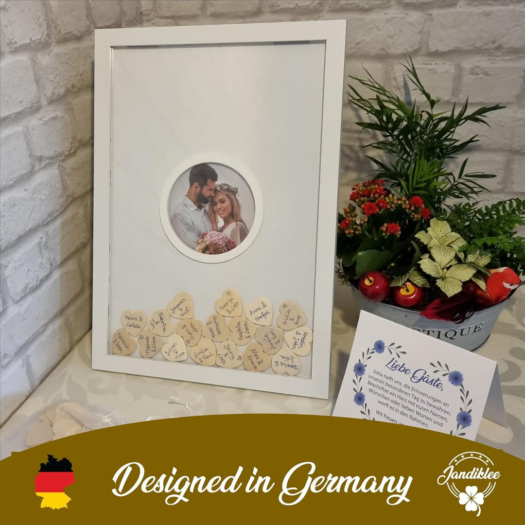 Jandiklee Gästebuch Holzrahmen inkl. Herzen aus Holz für Hochzeit, Taufe, Geburtstag (Fotorahmen run