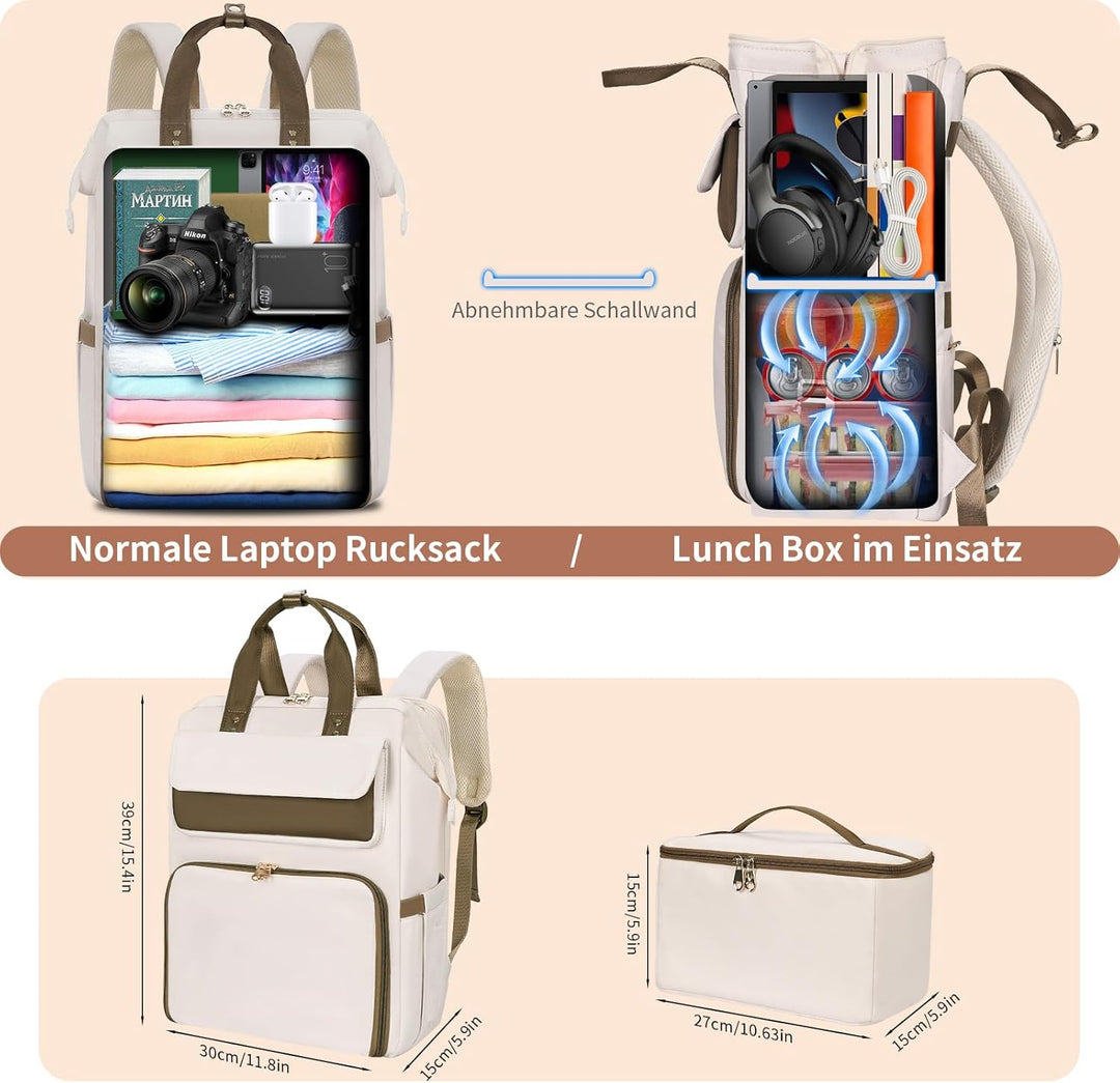BERTASCHE Lunch Rucksack, Laptop Rucksack Damen 15,6 Zoll mit Isoliertes Kühltasche, 2-in-1-Arbeitsr