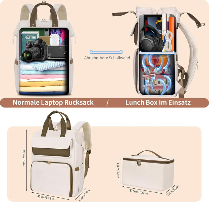 BERTASCHE Lunch Rucksack, Laptop Rucksack Damen 15,6 Zoll mit Isoliertes Kühltasche, 2-in-1-Arbeitsr