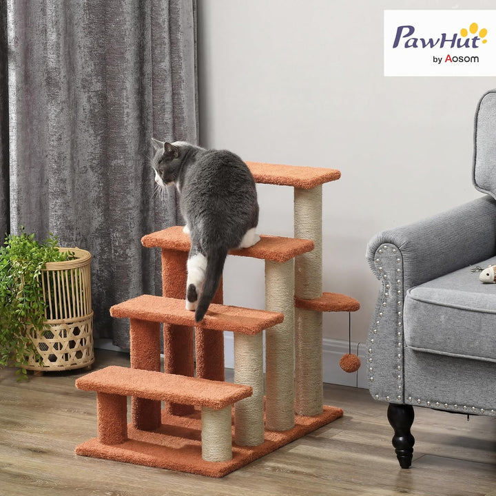 PawHut Katzentreppe 4 Stufen Tiertreppe Treppe für Katze mit Kratzsäulen Ball Haustiertreppe Hundetr