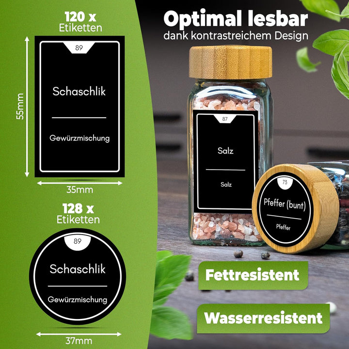 Gewürzgläser eckig [36 x 125ml], Luftdichte Gewürzgläser mit Streueinsatz + 248 wasserfeste Gewürzet