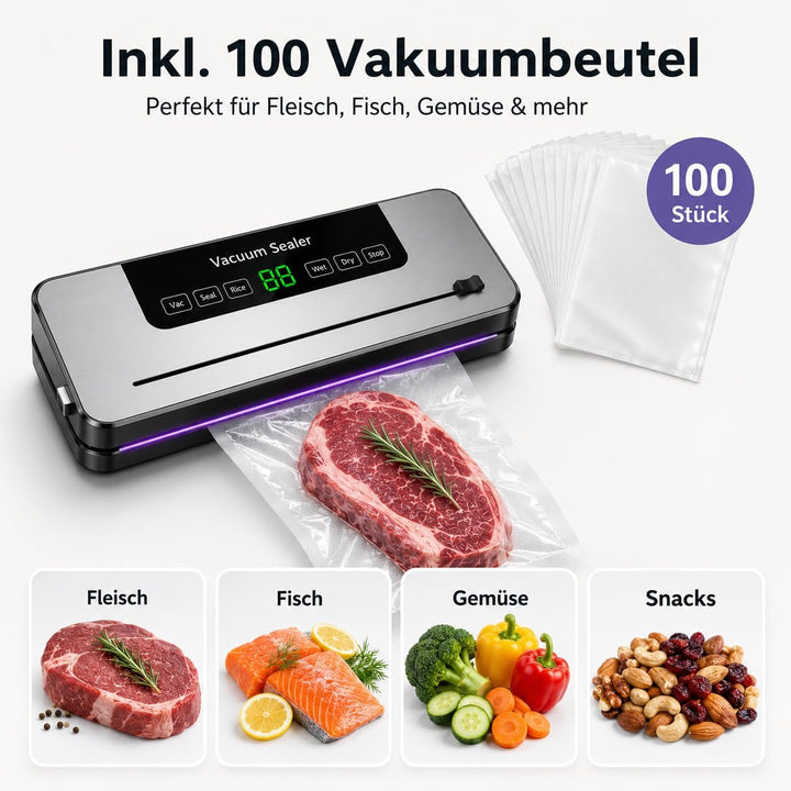 Vakuumiergerät mit 100 Vakuumbeuteln, Trocken- &amp; Nass-Modus