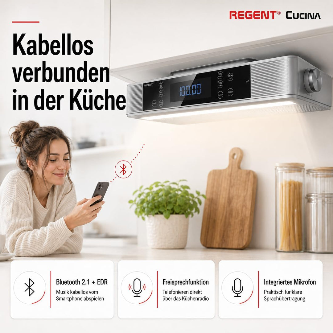 Regent Cucina Unterbau Küchenradio mit FM, Bluetooth, LED-Leiste, Farbdisplay, Küchentimer & 2 Wecke