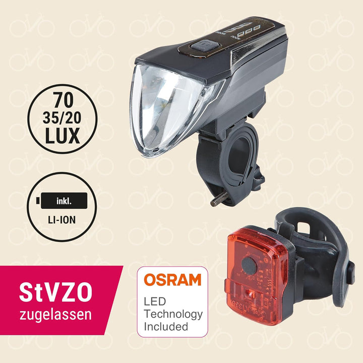 PROPHETE Fahrrad LED Akku-Beleuchtungsset – 70 Lux Scheinwerfer mit OSRAM LEDs, USB-C Wiederaufladba