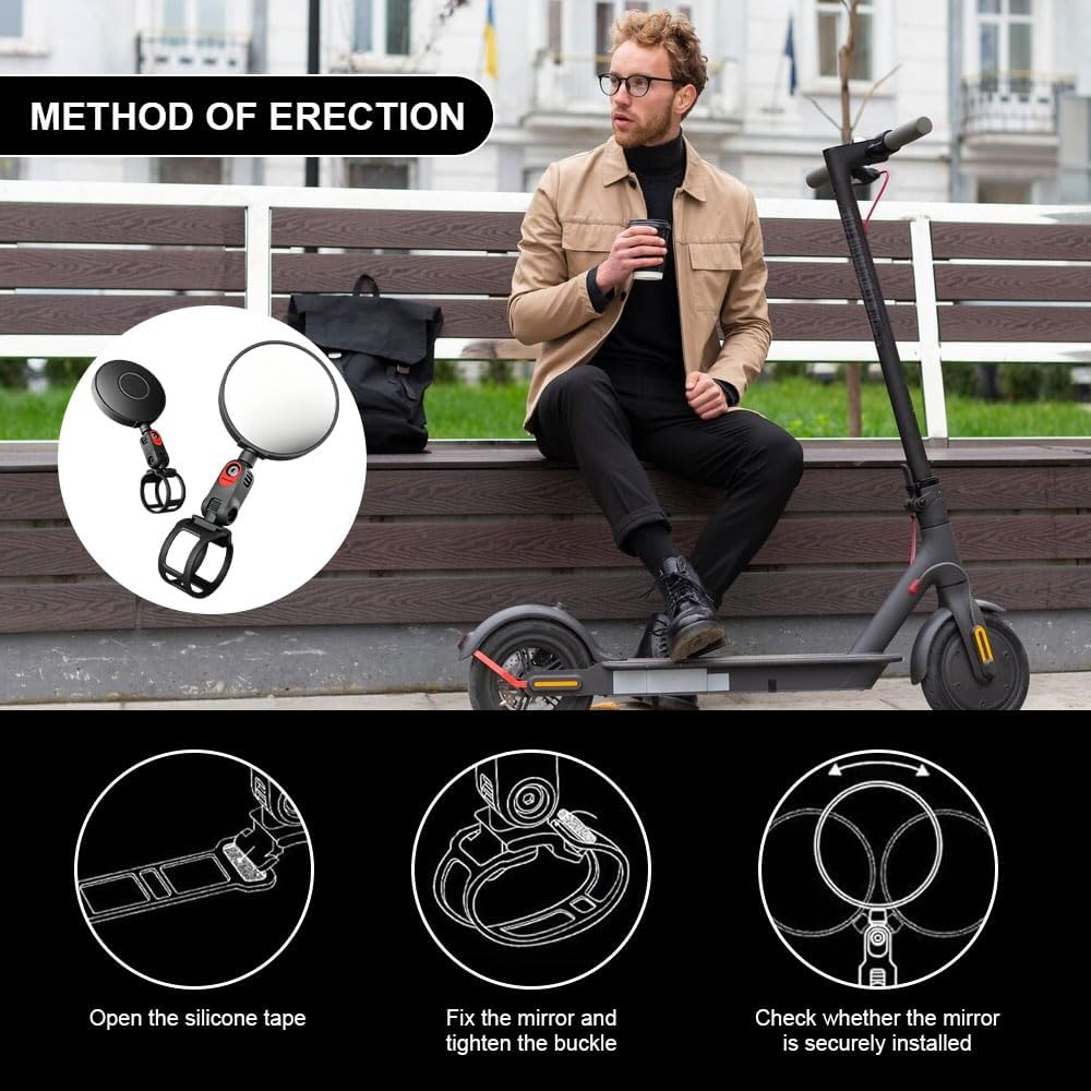 2 Stück Rückspiegel für Roller, Verstellbare Rückspiegel, E-Scooter Rückspiegel, 360° Verstellbarer
