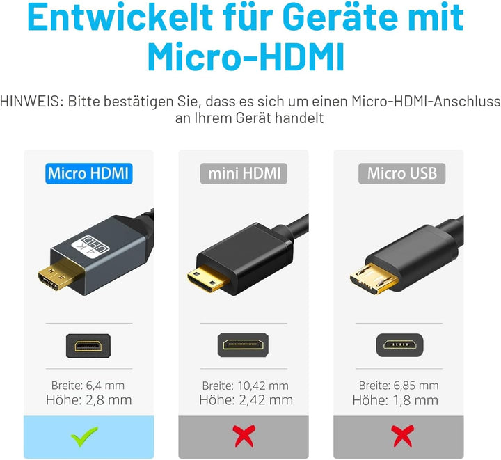 Twozoh Micro HDMI Kabel auf HDMI 2M 2 Stück, Nylon Geflochten HDMI Kabel A auf Micro HDMI D Unterstü