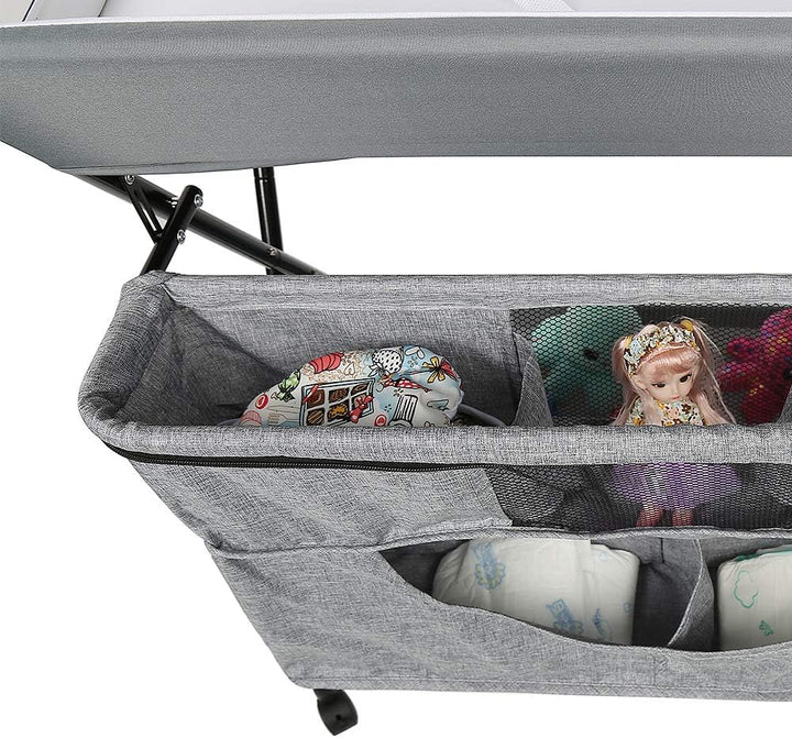 Wickeltisch klappbar, Wickelkommode mit Auflage, platzsparend & mobilSicherheitsgurt und 4 Rollen mi