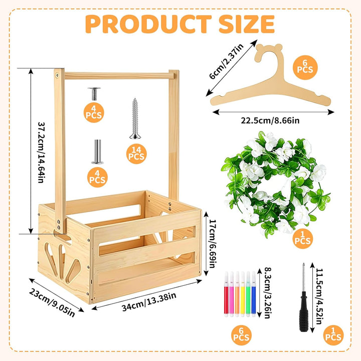 Baby Geschenk Korb aus Holz mit Griff, Baby Aufbewahrungskorb mit Kinder Kleiderbügel und Girlande,