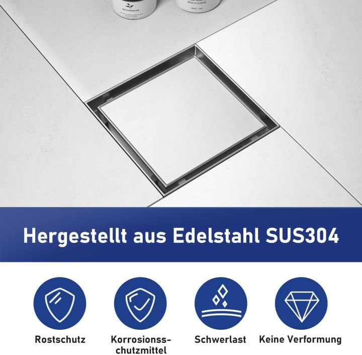 Duschrinne Quadrat 20 * 20cm, 360° Siphon mit Geruchsstop und Haarsieb 2 in1 Befliesbar Edelstahl Ab